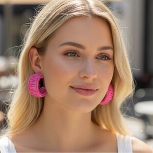 On 34th Pink Beaded Raffia Hoop Earrings NEW